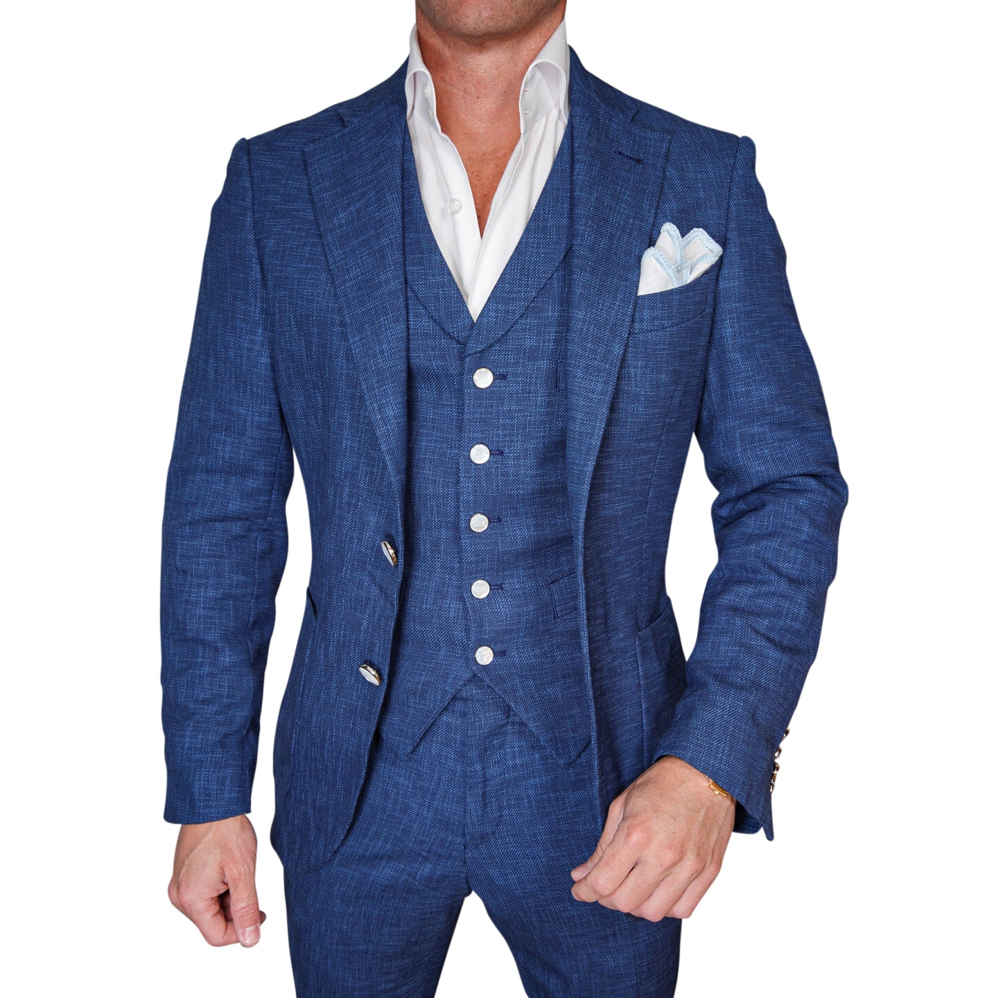 Men's cocktail wedding attire featuring Sebastian Cruz Couture Prussian Blu tailoring