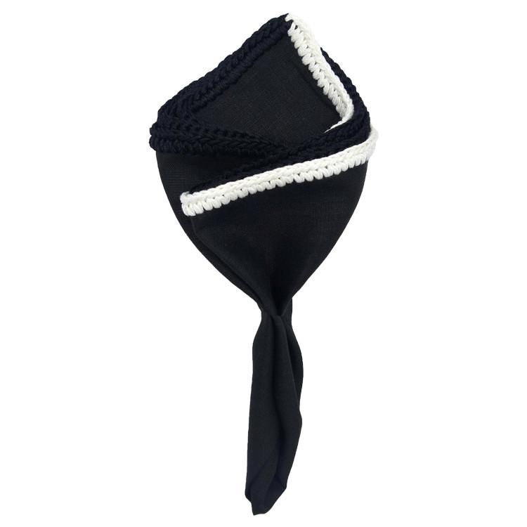 Sebastian Cruz Couture Black Raso hand crochet pocket square with black and white signature border
