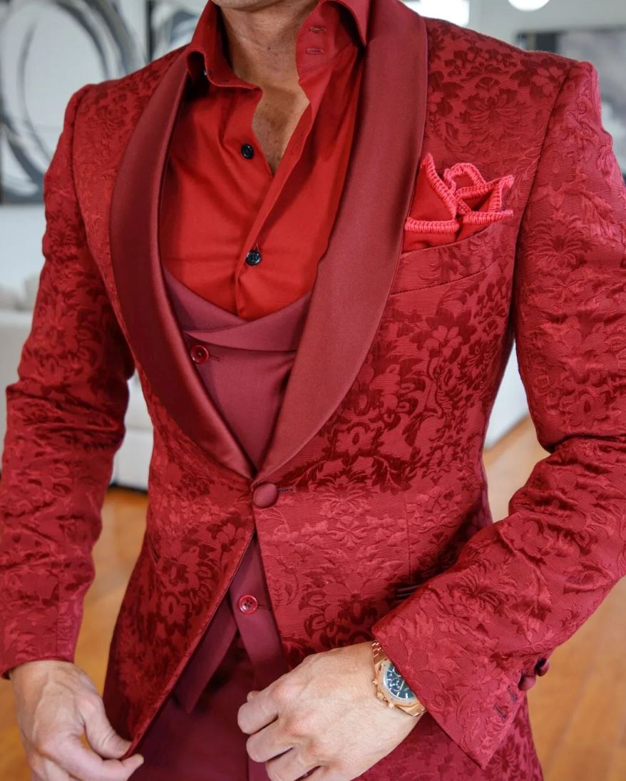 Winter wedding attire for men featuring Sebastian Cruz Couture Burgundy Fiore