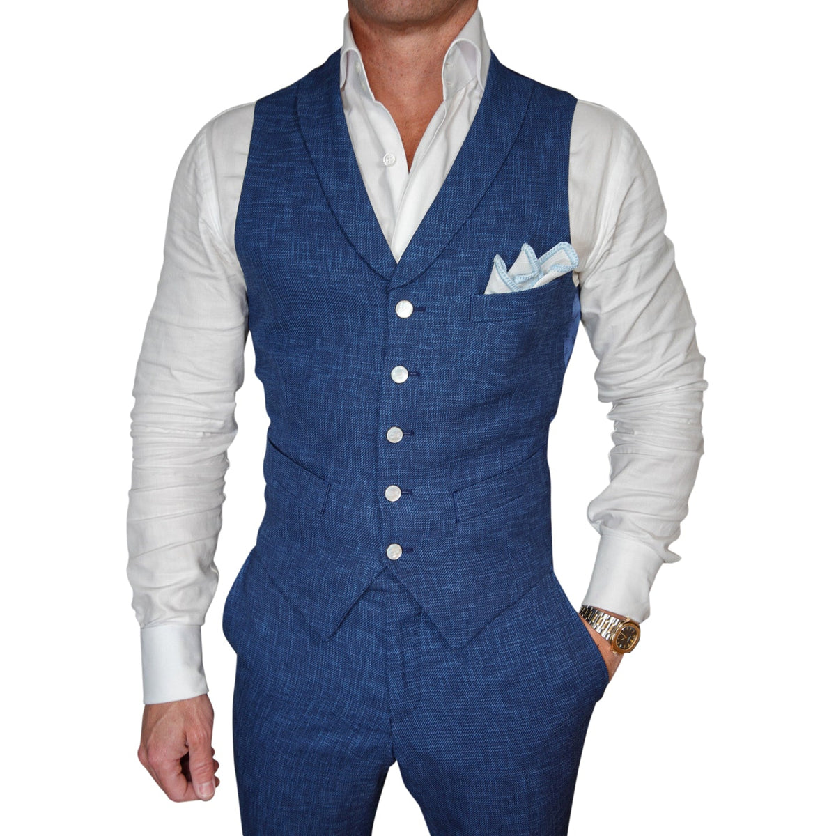 Prussian Blu Lino Tweed Ciottoli Waistcoat @ The Vault