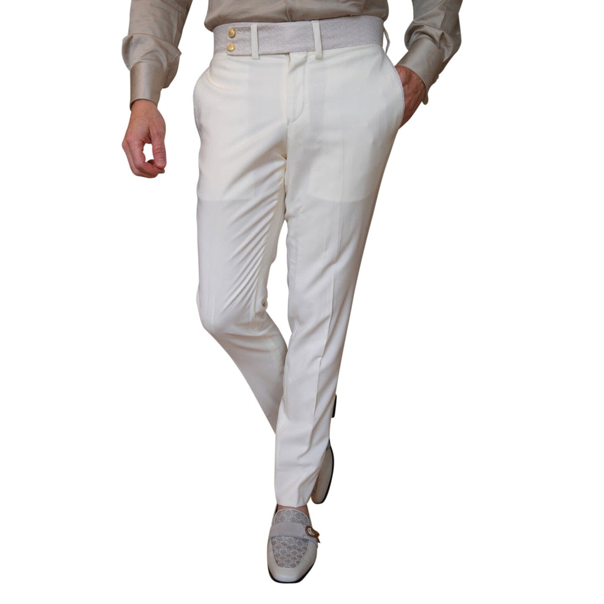 Ivory Latte Herringbone Hampton Trousers-1