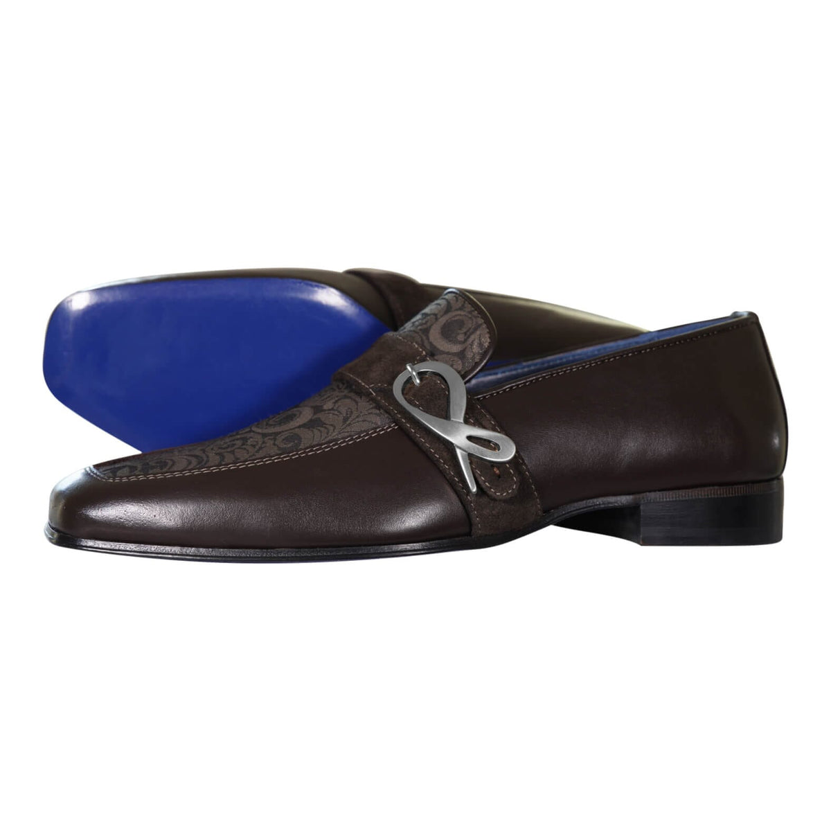 Chocolate Damascata Monk Loafers With Silver Buckle