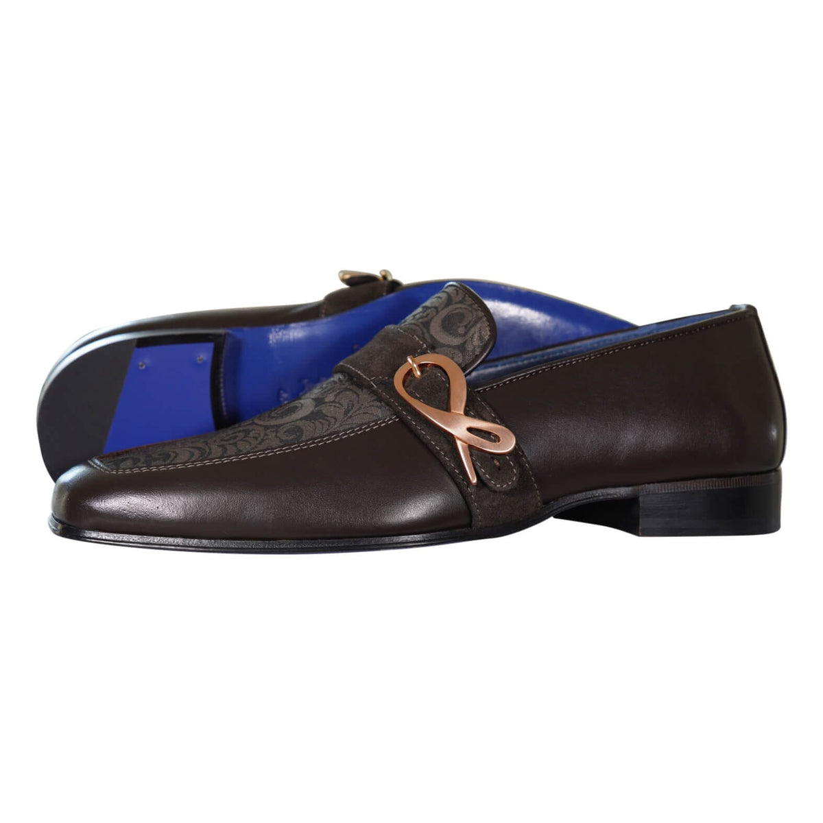 Chocolate Damascata Monk Loafers With Rose Gold Buckle-2