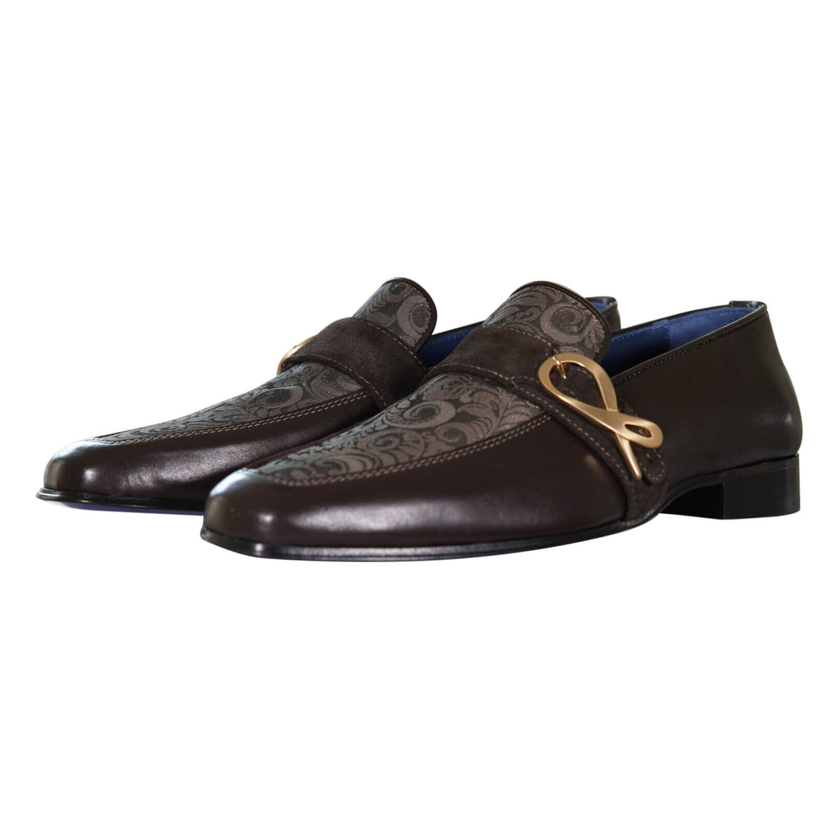 Chocolate Damascata Monk Loafers With Yellow Gold Buckle-4