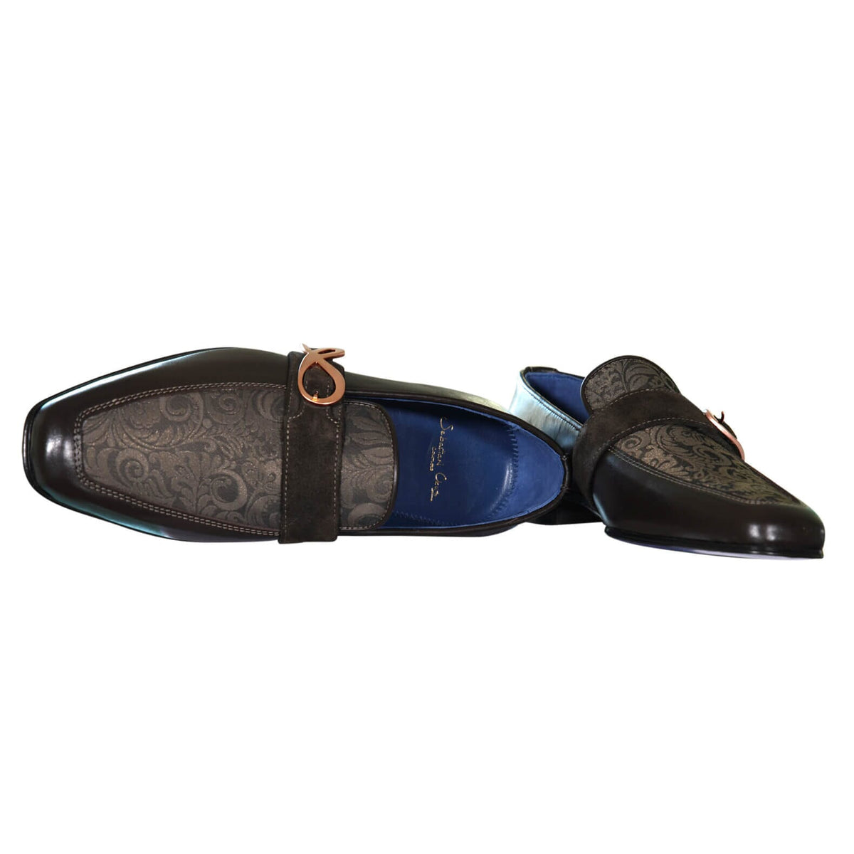 Chocolate Damascata Monk Loafers With Rose Gold Buckle-9