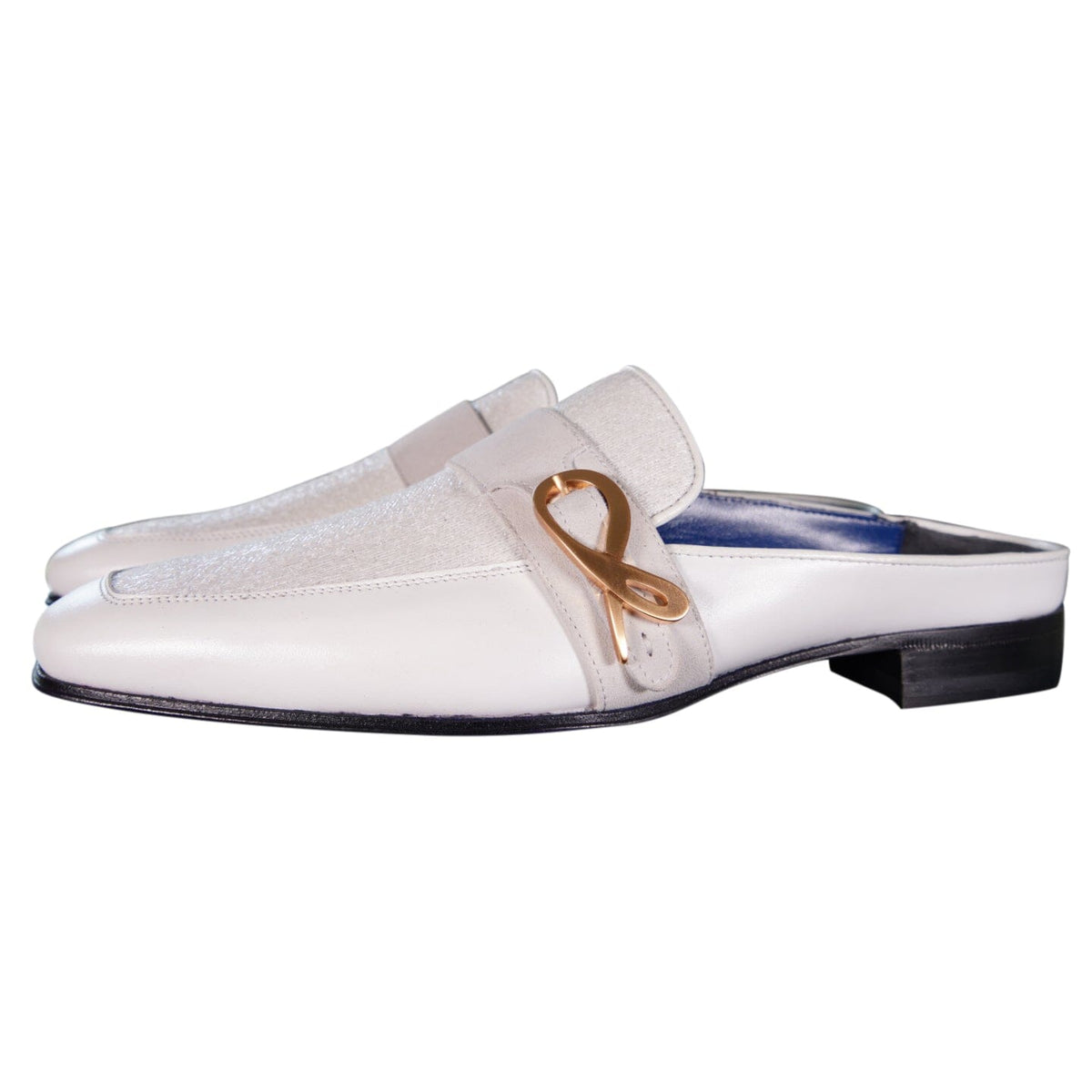 White Diamante With Rose Gold Hardware Leather Slippers-3