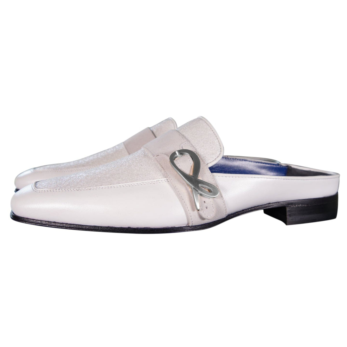White Diamante With Silver Hardware Leather Slippers-3