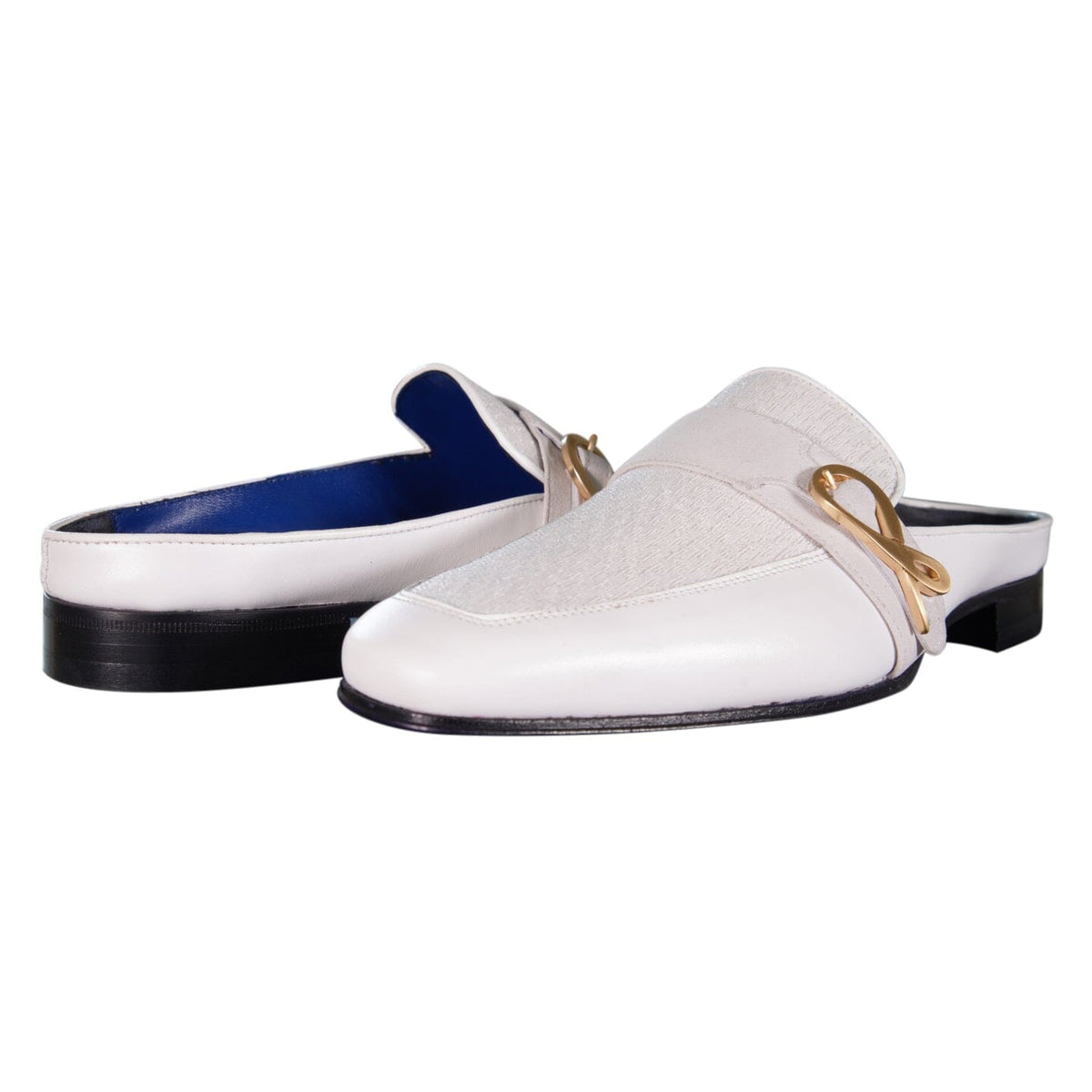 White Diamante With Yellow Gold Hardware Leather Slippers-5