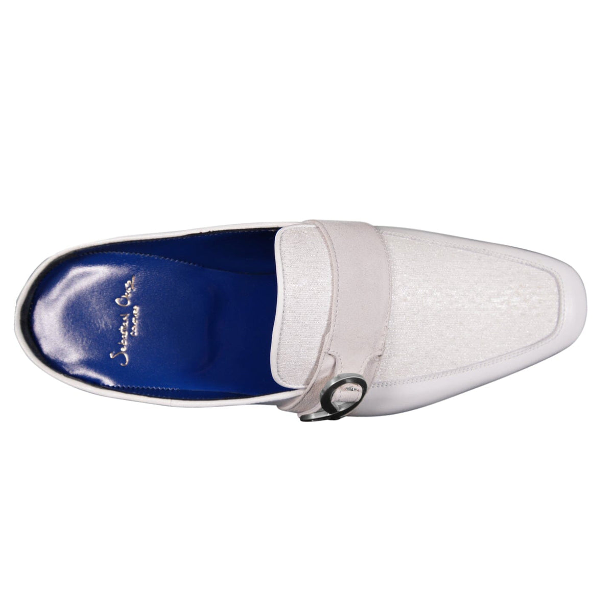 White Diamante With Silver Hardware Leather Slippers-8