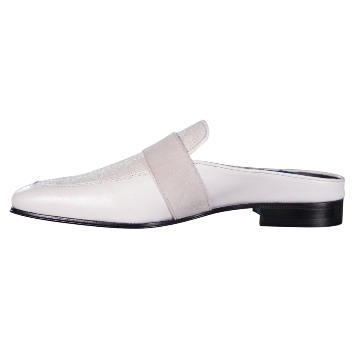 White Diamante With Silver Hardware Leather Slippers-7