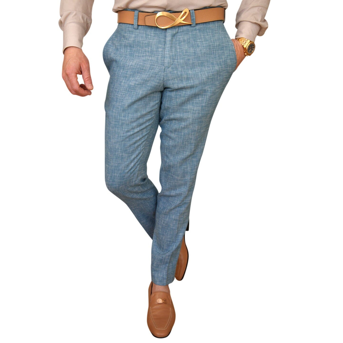 Teal Blu Lino Tweed Trousers