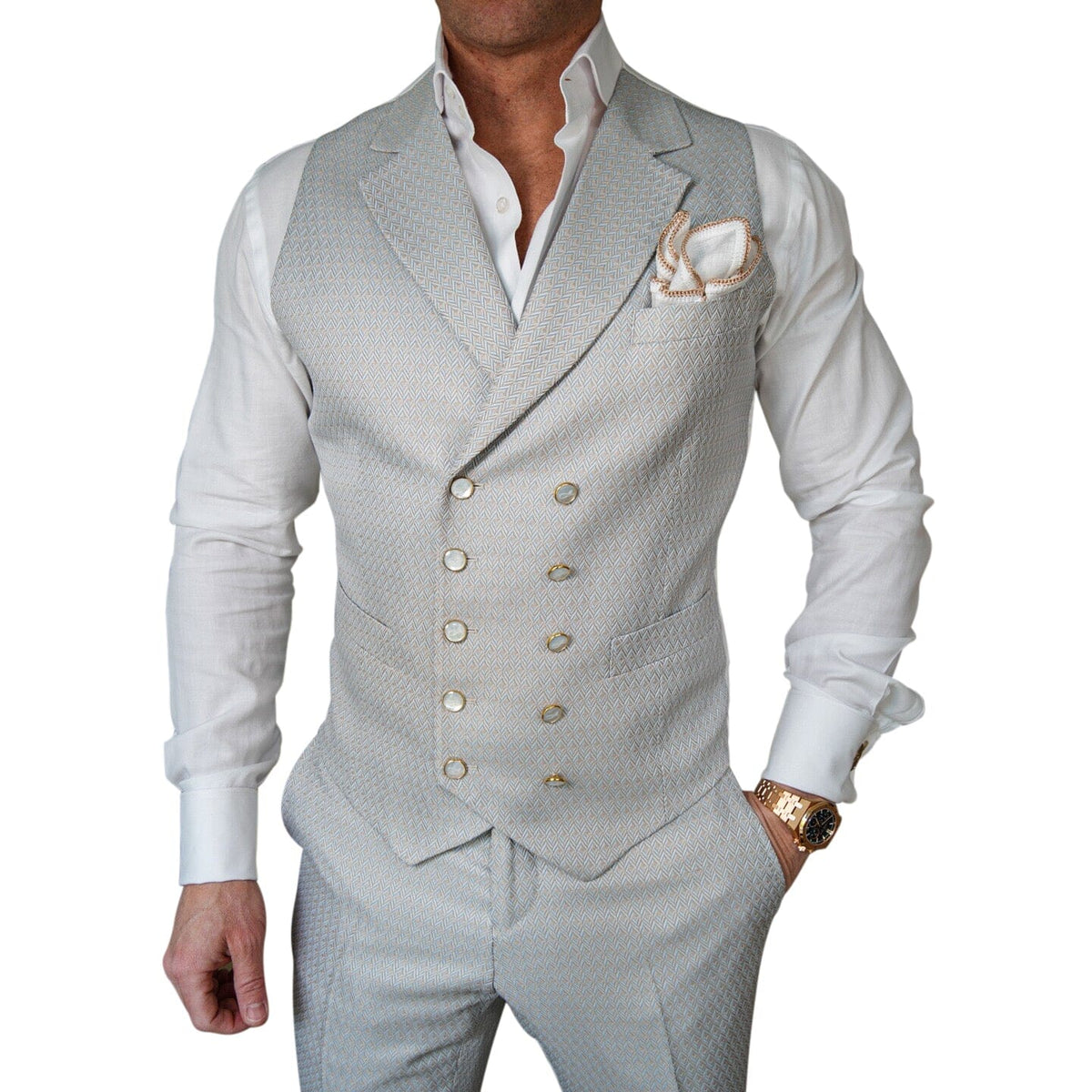 Oyster Herringbone Gemelli Waistcoat @ The Vault