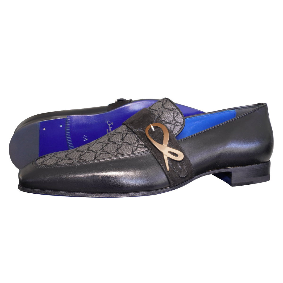 Charcoal Nero Logo Monk Loafers With Rose Gold Buckle-2