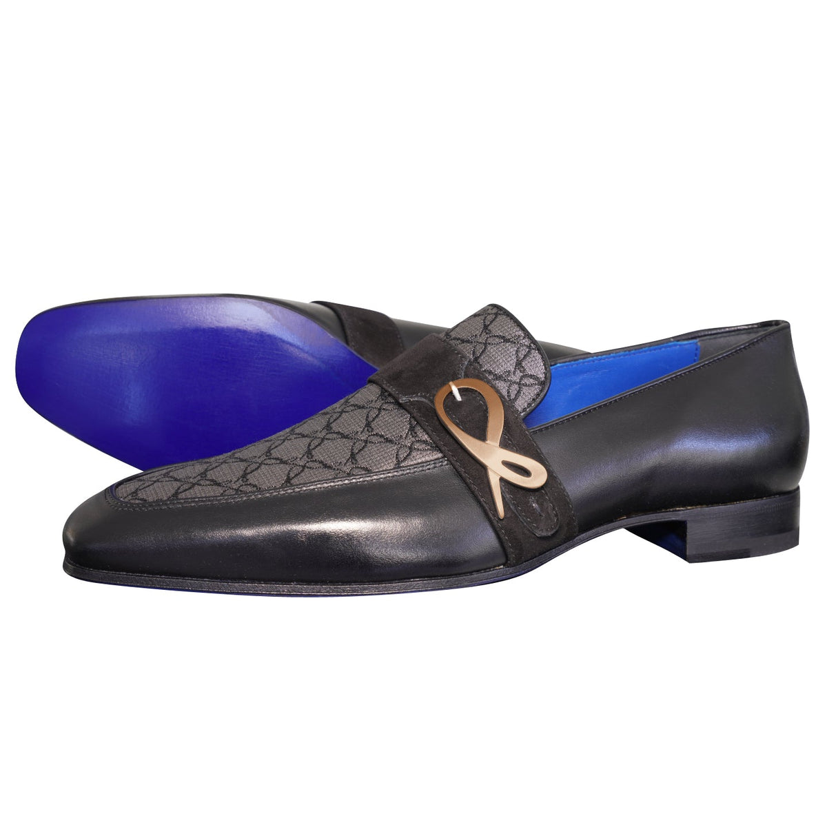 Charcoal Nero Logo Monk Loafers With Rose Gold Buckle-1