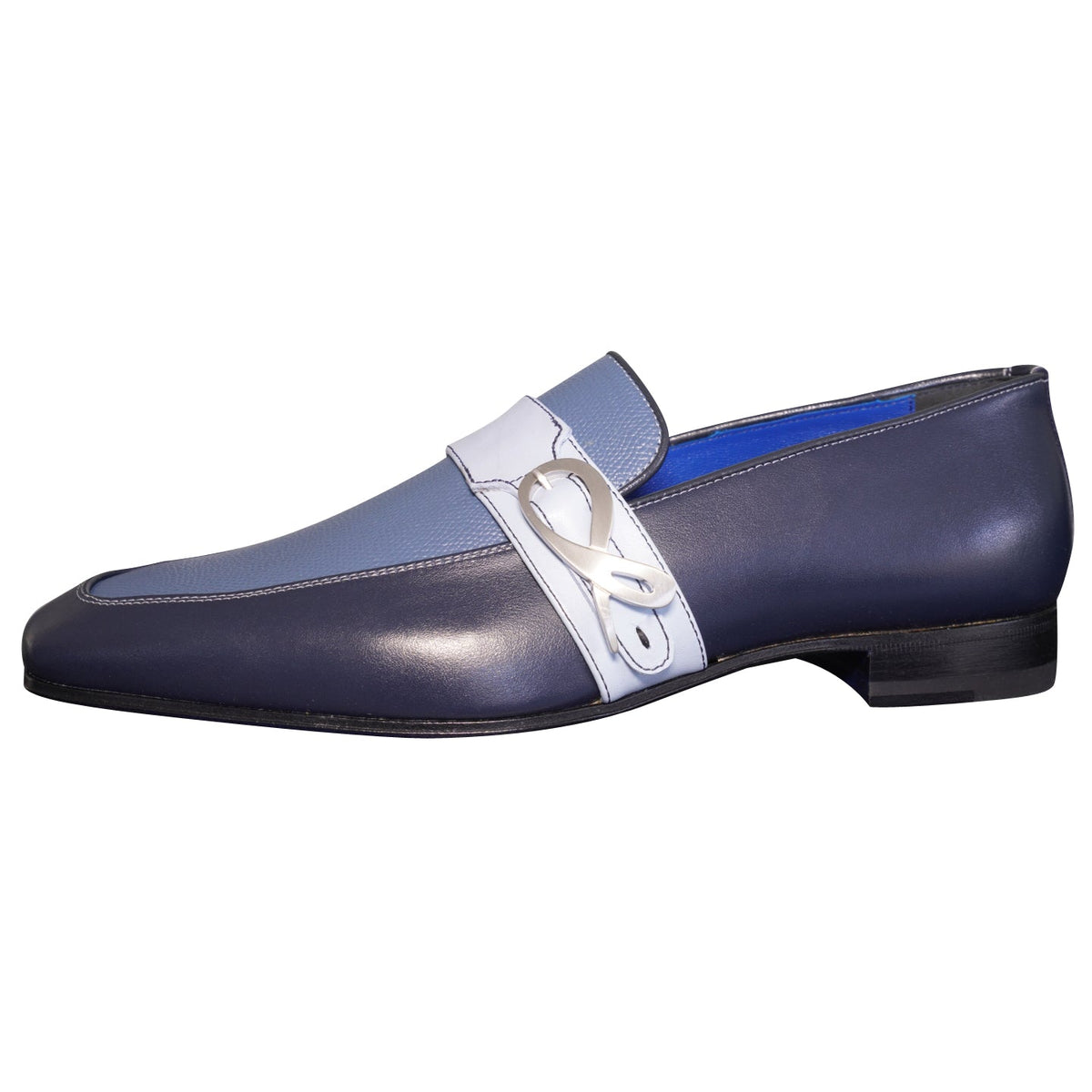 Blu Maya Leather Monk Strap loafer With Silver Buckle-7