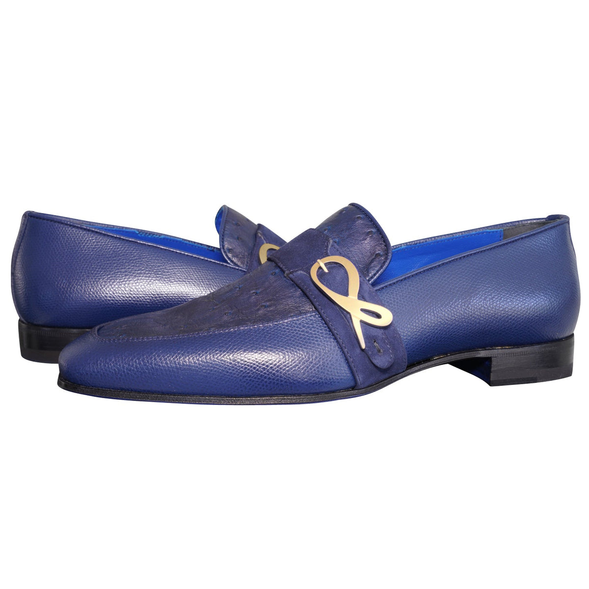 Indigo Ostrich Monk Gold Loafer-3