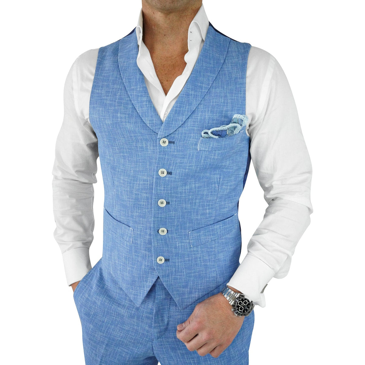 French Blu Lino Tweed Ciottoli Waistcoat