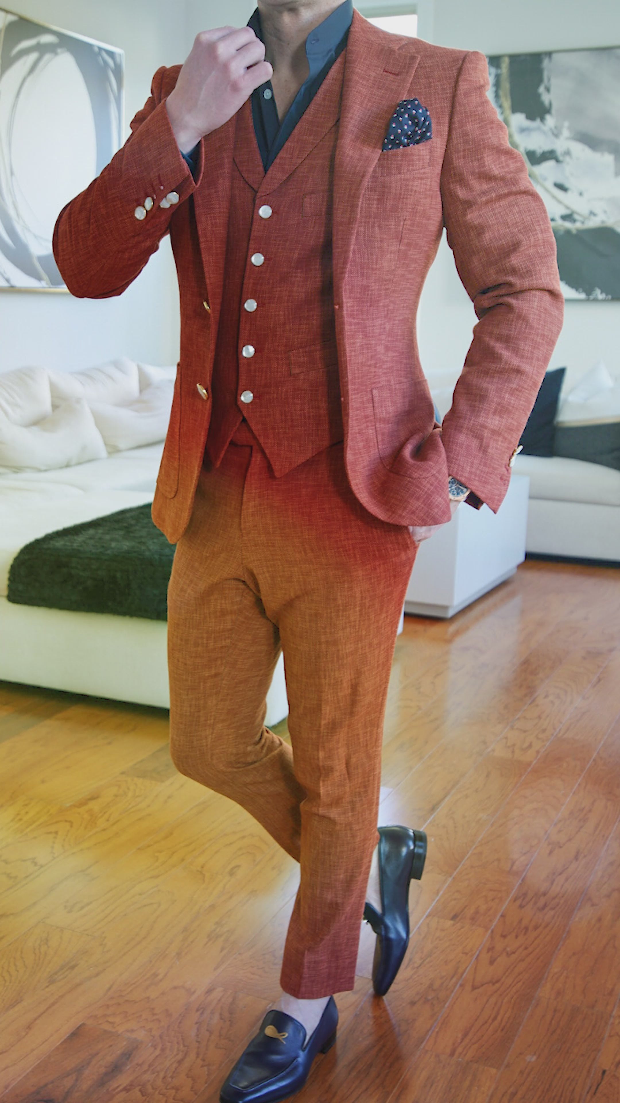 Brick Lino Tweed Trousers